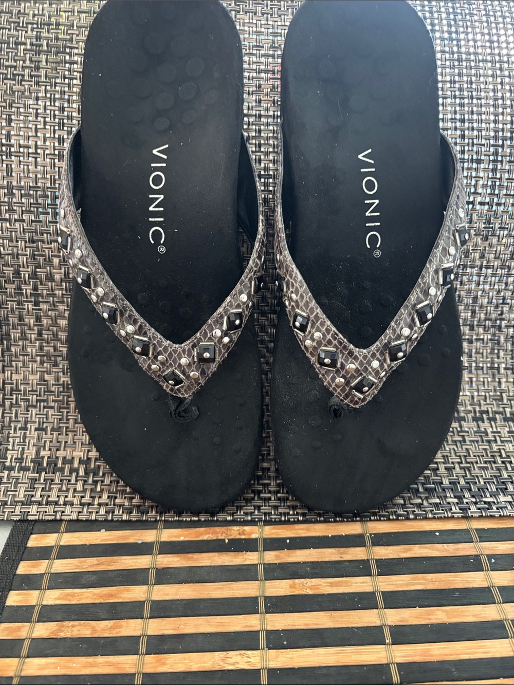 Vionic Black Jeweled Snake-Print Thong Sandals